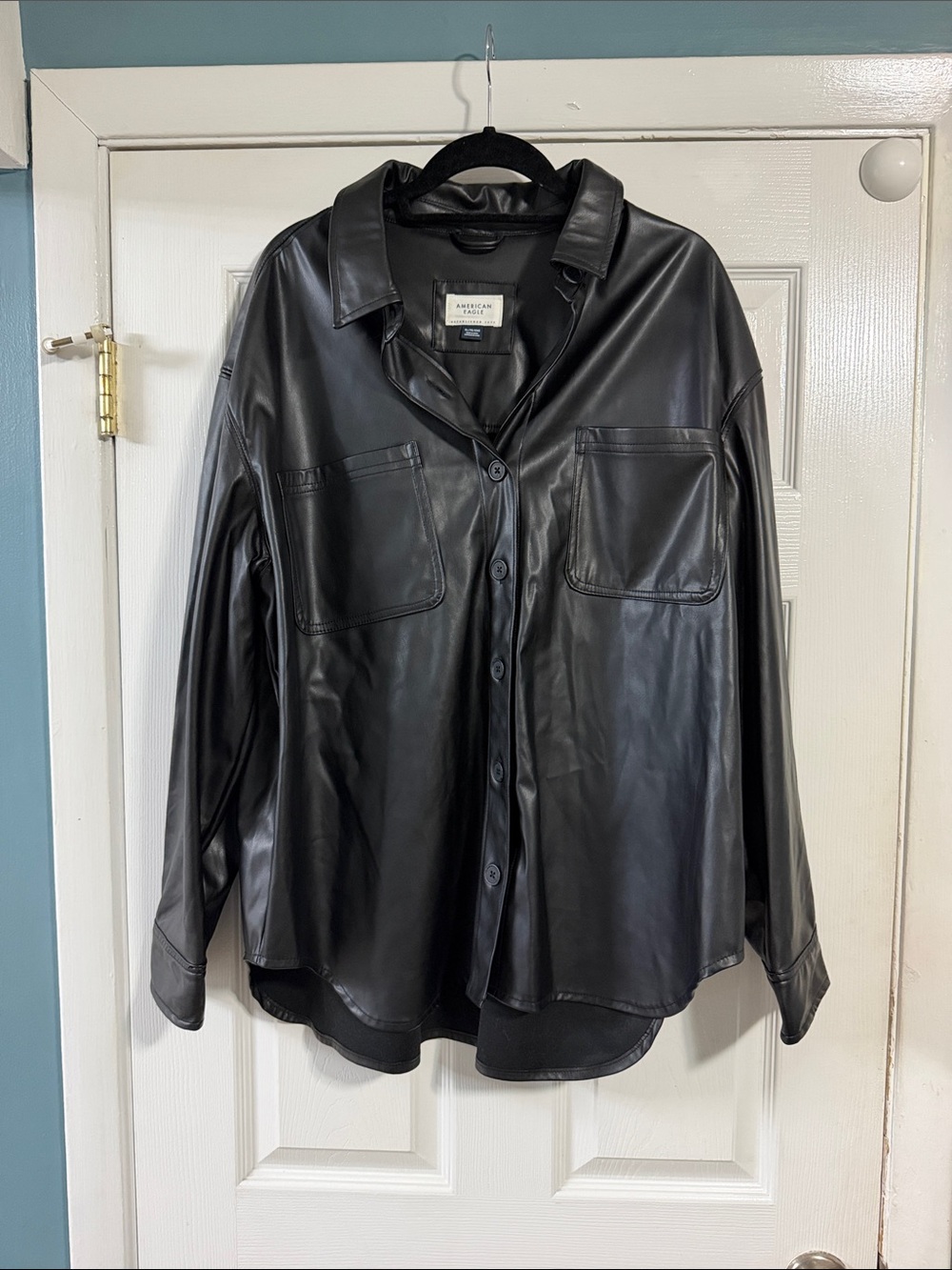 American Eagle Outfitters Black Faux Leather Button-Down Shirt